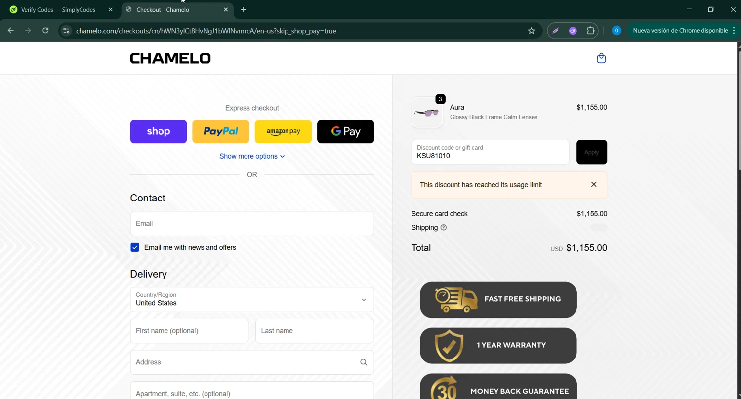 Chamelo discount code screenshot showing code KSU81010 applied at Chamelo checkout page. Uploaded by SimplyCodes community member CodeScholar4340 on Oct 11, 2025