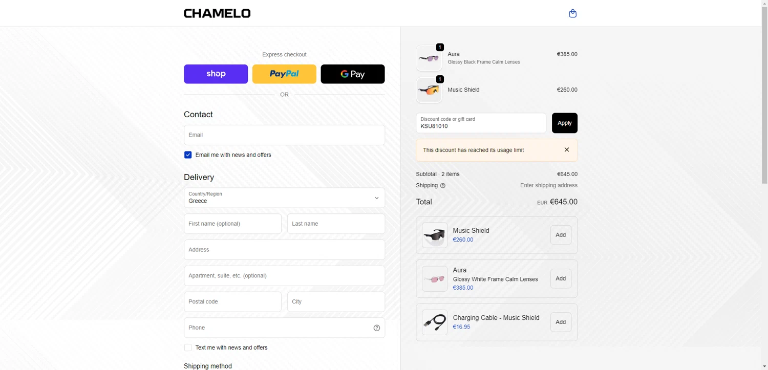 Chamelo discount code screenshot showing code KSU81010 applied at Chamelo checkout page. Uploaded by SimplyCodes community member RewardTitan728 on Oct 11, 2025