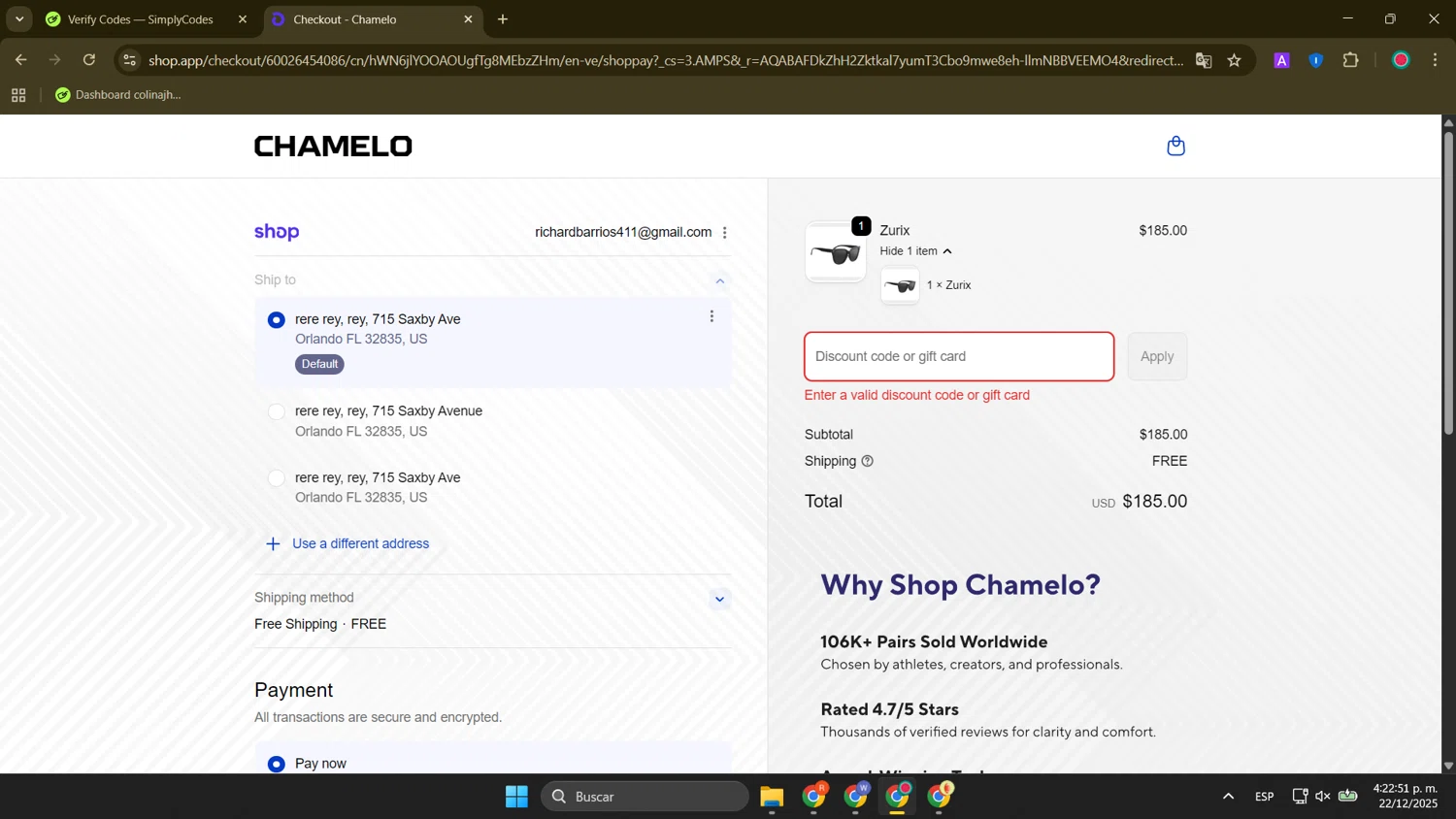 Chamelo discount code screenshot showing code free applied at Chamelo checkout page. Uploaded by SimplyCodes community member FortunateElite9977 on Dec 22, 2025