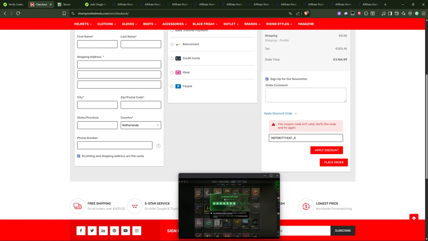 Champion Helmets discount code screenshot showing code MOTOKITTYKAT_5 applied at Champion Helmets checkout page. Uploaded by SimplyCodes community member AliceLidell on Nov 4, 2025
