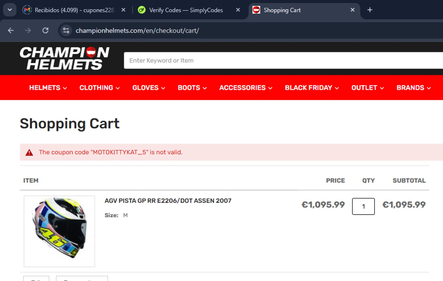 Champion Helmets discount code screenshot showing code MOTOKITTYKAT_5 applied at Champion Helmets checkout page. Uploaded by SimplyCodes community member Eduard on Nov 4, 2025