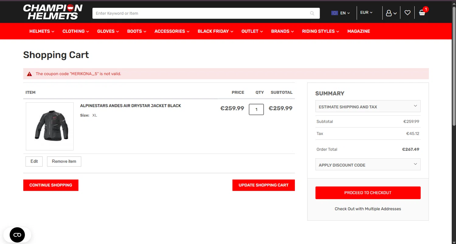 Champion Helmets discount code screenshot showing code MERIKONA_5 applied at Champion Helmets checkout page. Uploaded by SimplyCodes community member CouponHero3179 on Nov 4, 2025