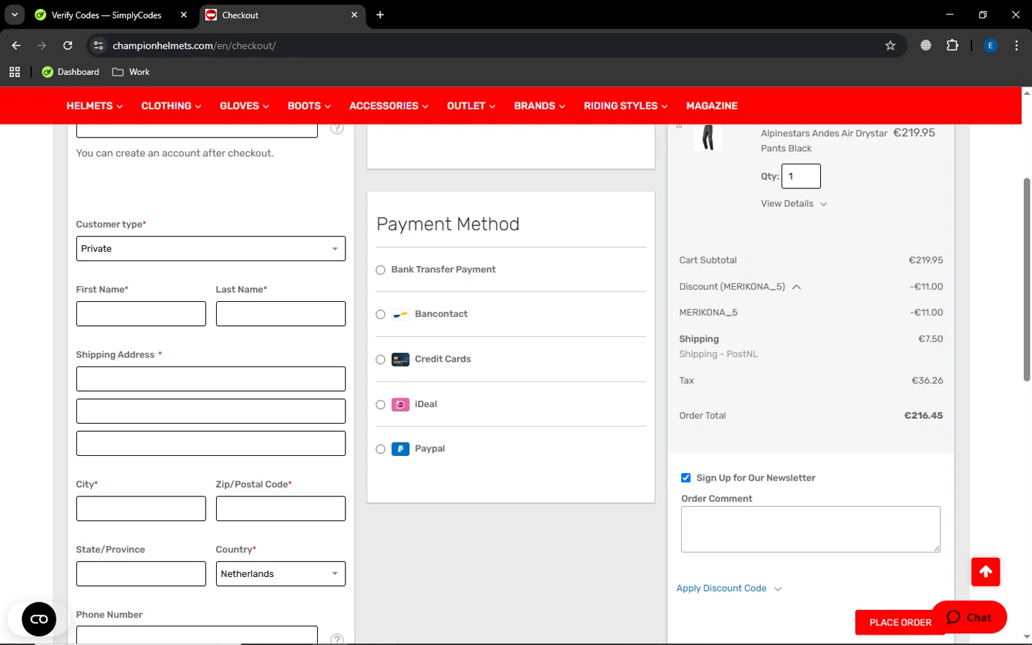 Champion Helmets discount code screenshot showing code MERIKONA_5 applied at Champion Helmets checkout page. Uploaded by SimplyCodes community member MoneyGenius452 on Oct 15, 2025