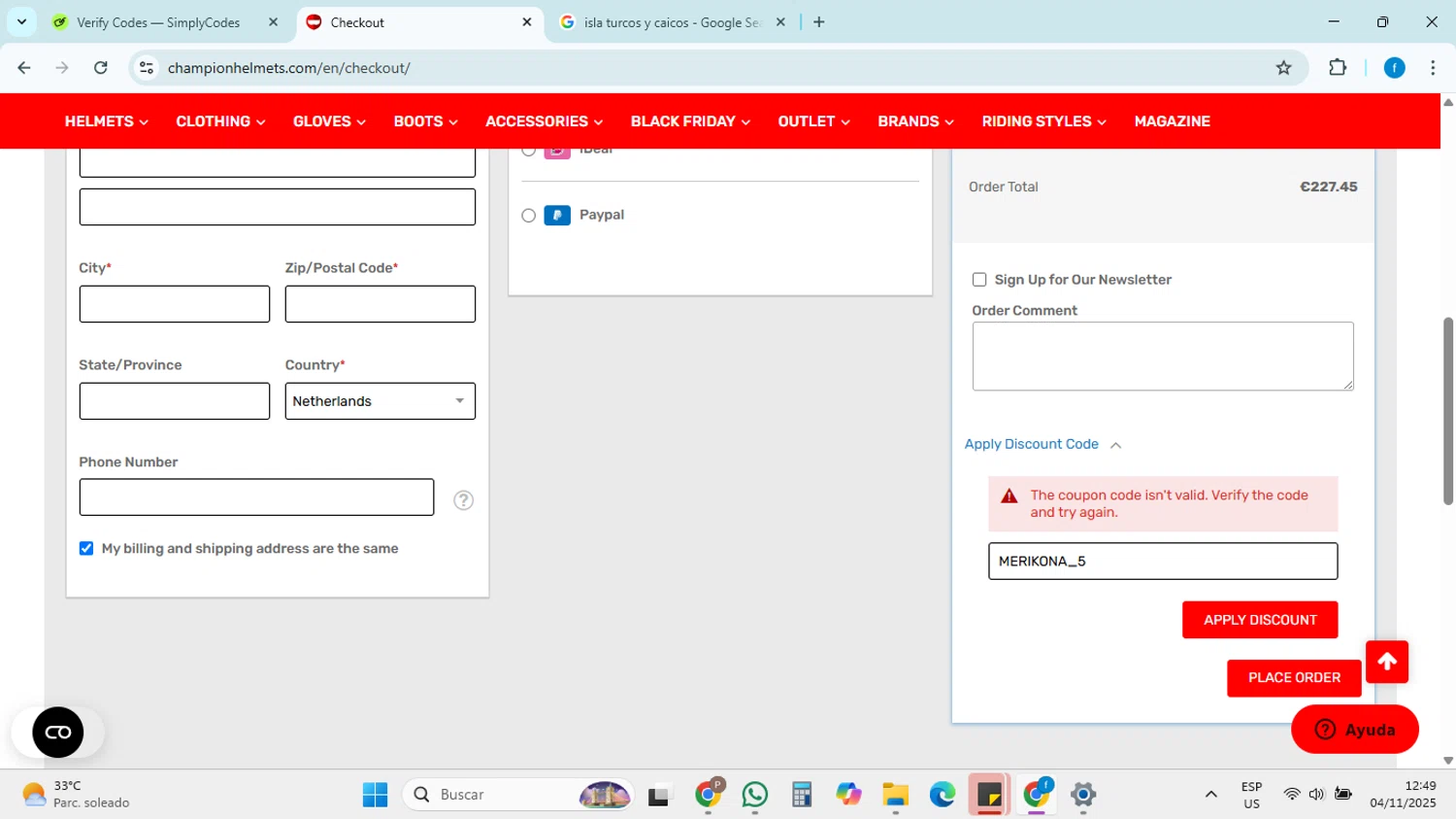 Champion Helmets discount code screenshot showing code MERIKONA_5 applied at Champion Helmets checkout page. Uploaded by SimplyCodes community member FRANCYCASERES12 on Nov 4, 2025
