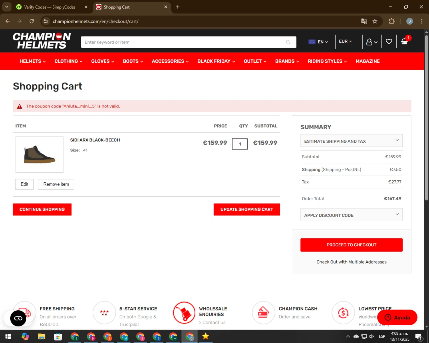 Champion Helmets discount code screenshot showing code Aniuta_mini_5 applied at Champion Helmets checkout page. Uploaded by SimplyCodes community member CodeVoyager5621 on Nov 13, 2025