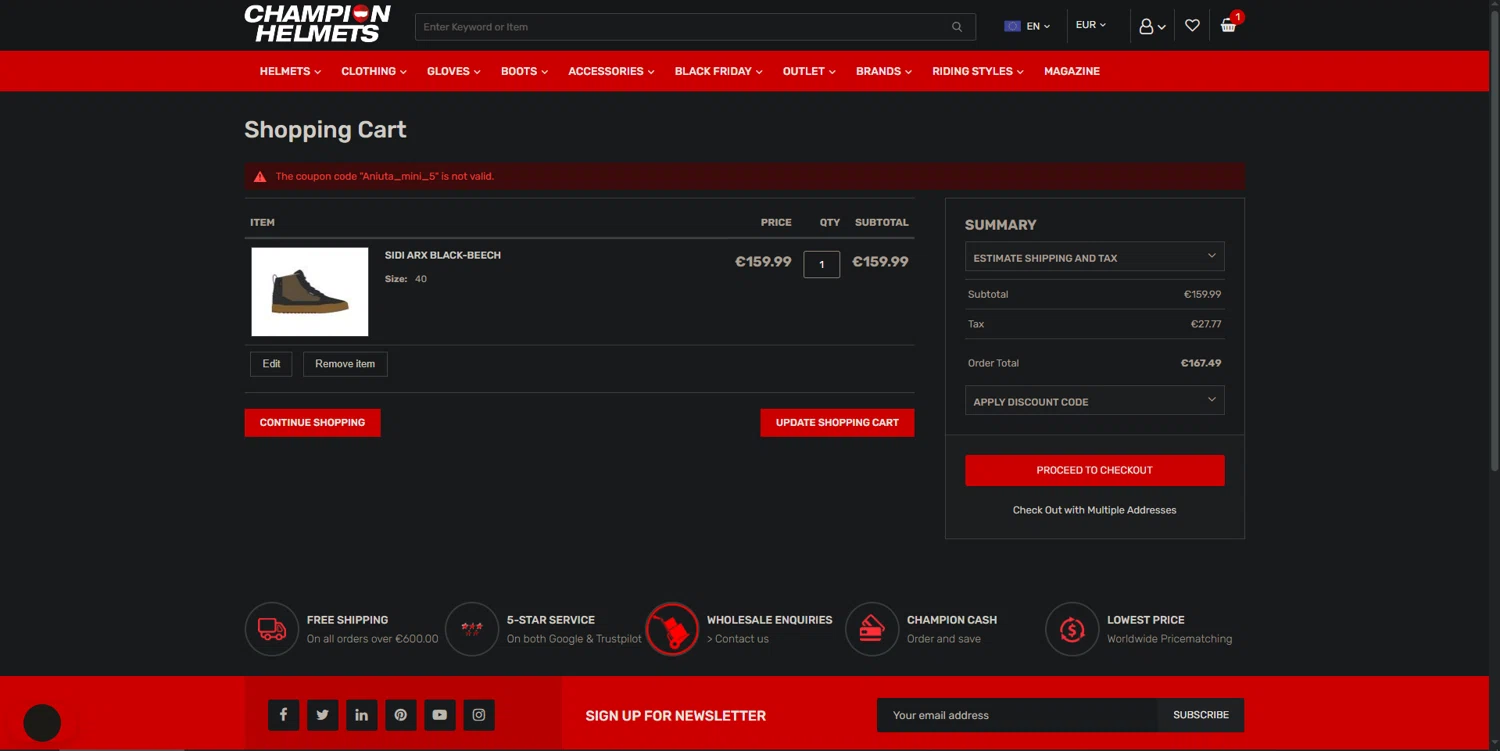 Champion Helmets discount code screenshot showing code Aniuta_mini_5 applied at Champion Helmets checkout page. Uploaded by SimplyCodes community member CrownExpert4084 on Nov 13, 2025