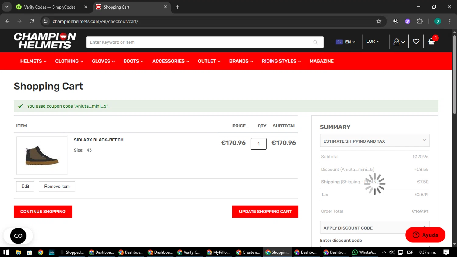 Champion Helmets discount code screenshot showing code Aniuta_mini_5 applied at Champion Helmets checkout page. Uploaded by SimplyCodes community member LuckyDefender9428 on Aug 18, 2025