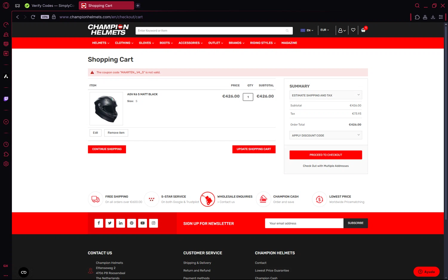 Champion Helmets discount code screenshot showing code MAARTEN_V4_5 applied at Champion Helmets checkout page. Uploaded by SimplyCodes community member frijolito on Aug 18, 2025