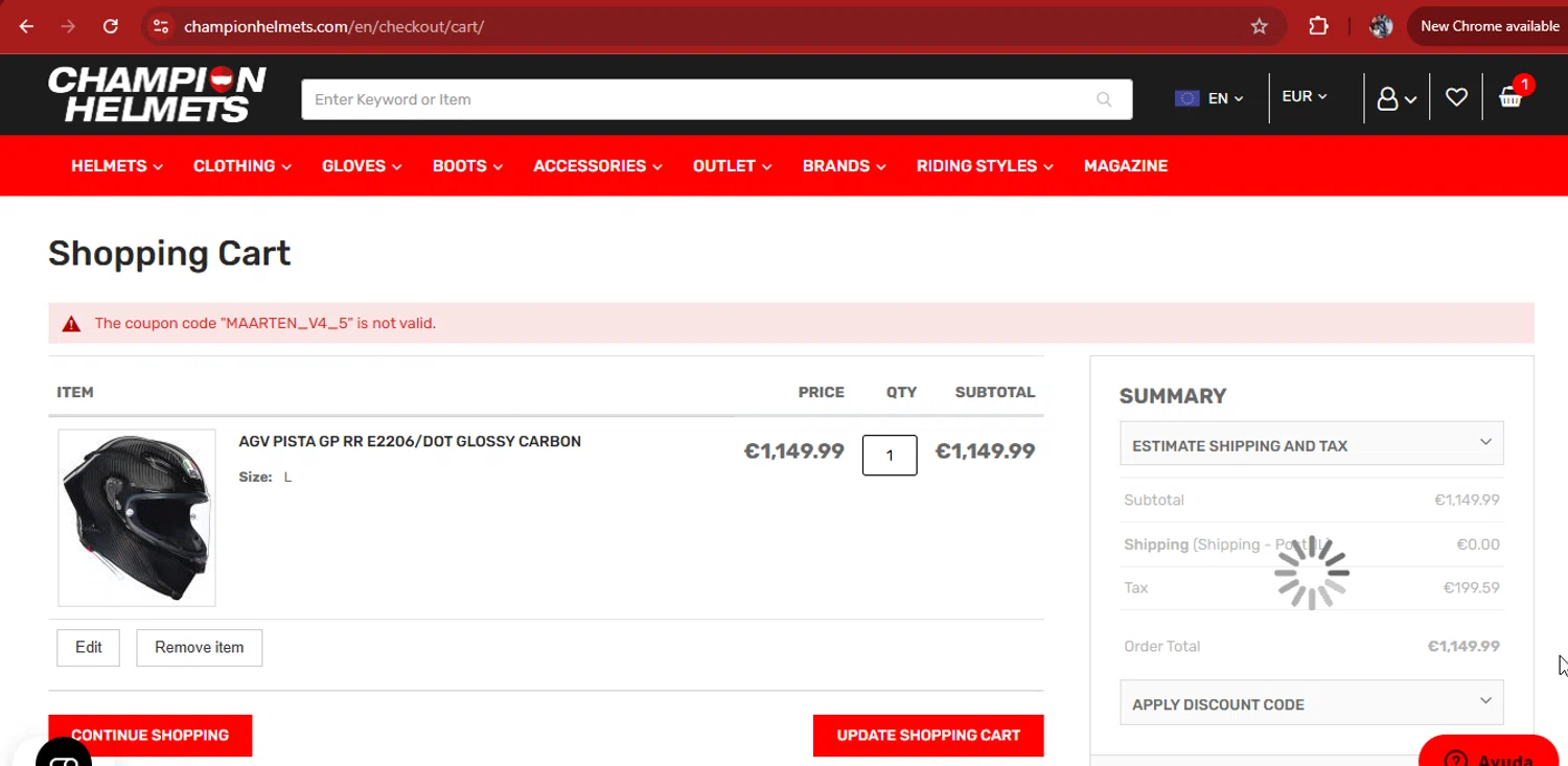Champion Helmets discount code screenshot showing code MAARTEN_V4_5 applied at Champion Helmets checkout page. Uploaded by SimplyCodes community member kimberlinmartinez on Aug 18, 2025