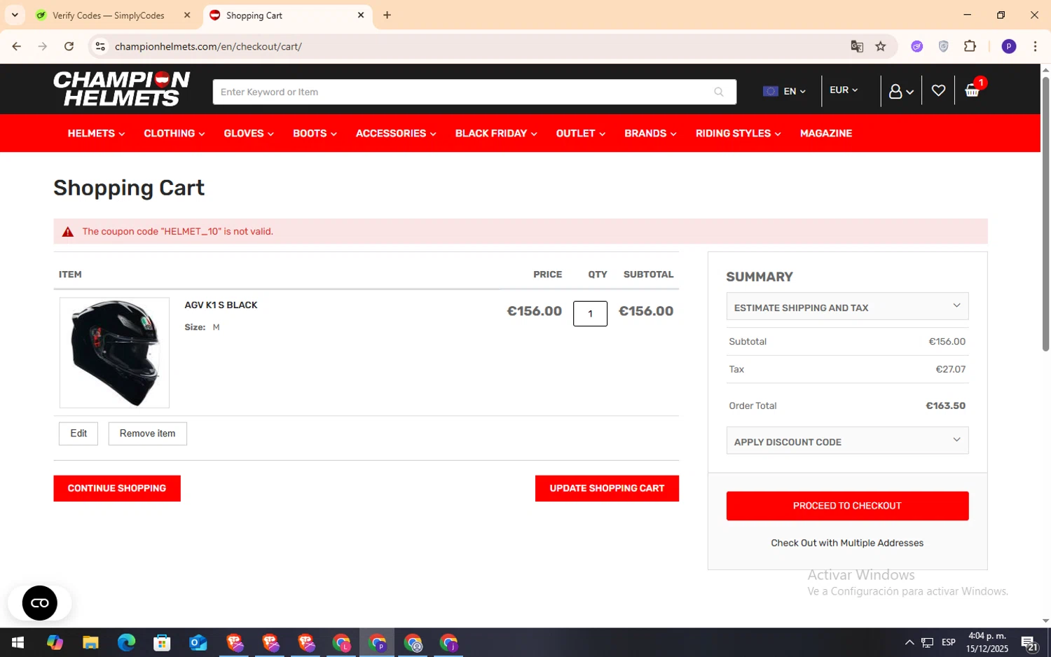 Champion Helmets discount code screenshot showing code HELMET_10 applied at Champion Helmets checkout page. Uploaded by SimplyCodes community member NobleFox9153 on Dec 15, 2025