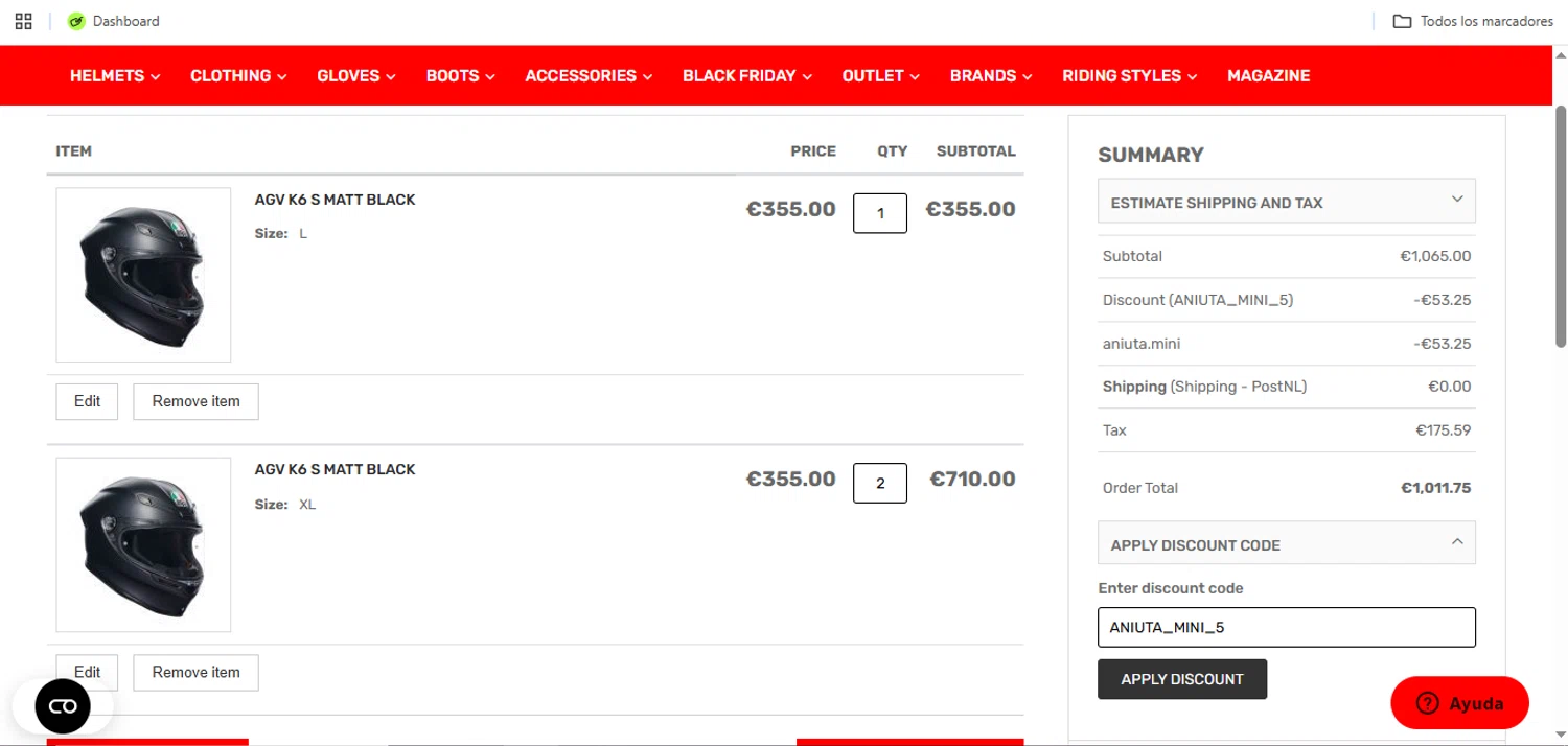 Champion Helmets promo code screenshot showing code ANIUTA_MINI_5 applied at Champion Helmets checkout page. Uploaded by SimplyCodes community member Speedy on Jun 8, 2026