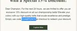 CHAMPION15 coupon verification screenshot