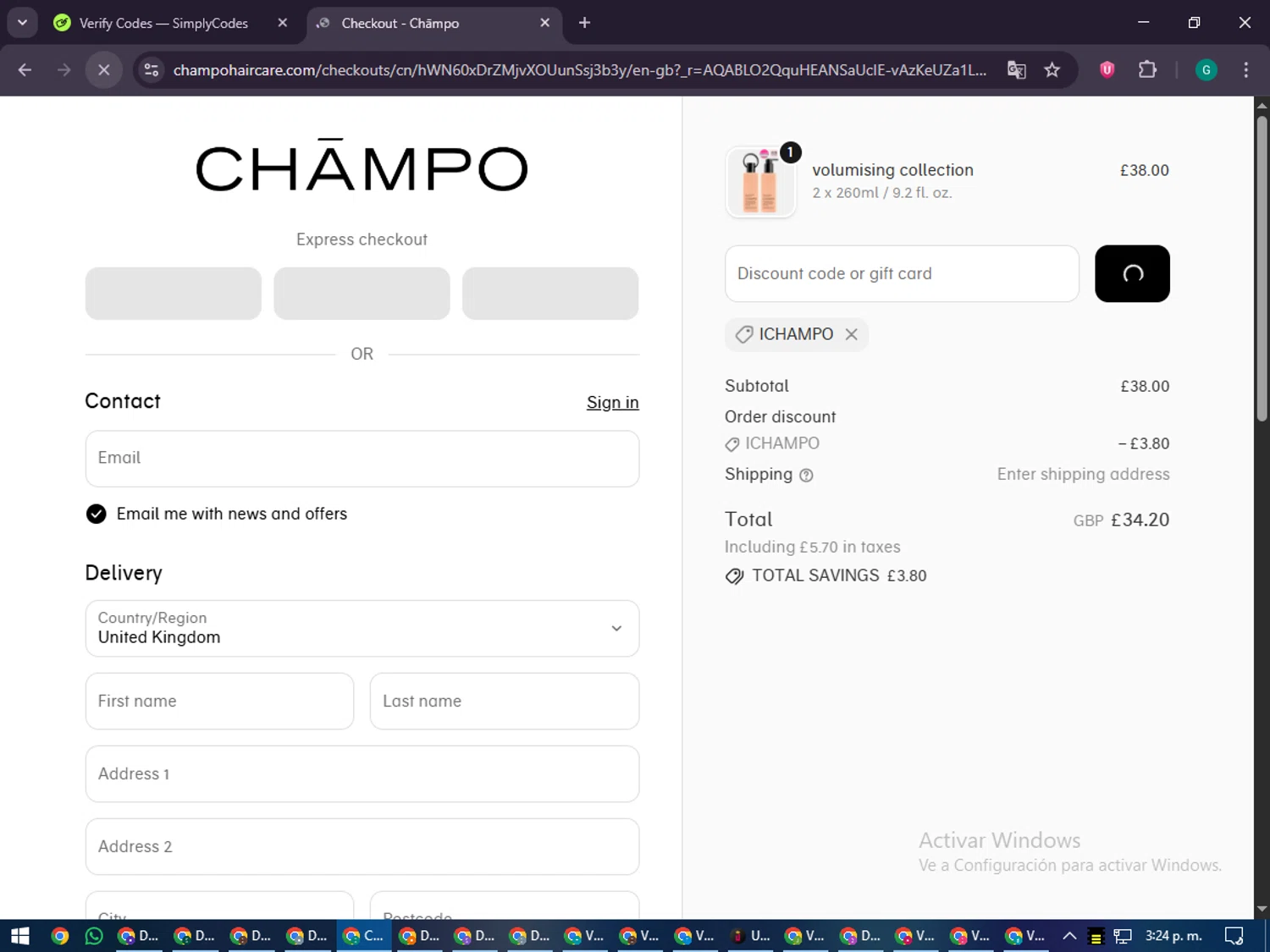 Chāmpo promo code screenshot showing code ICHAMPO applied at Chāmpo checkout page. Uploaded by SimplyCodes community member PennyFinder5759 on Dec 3, 2025