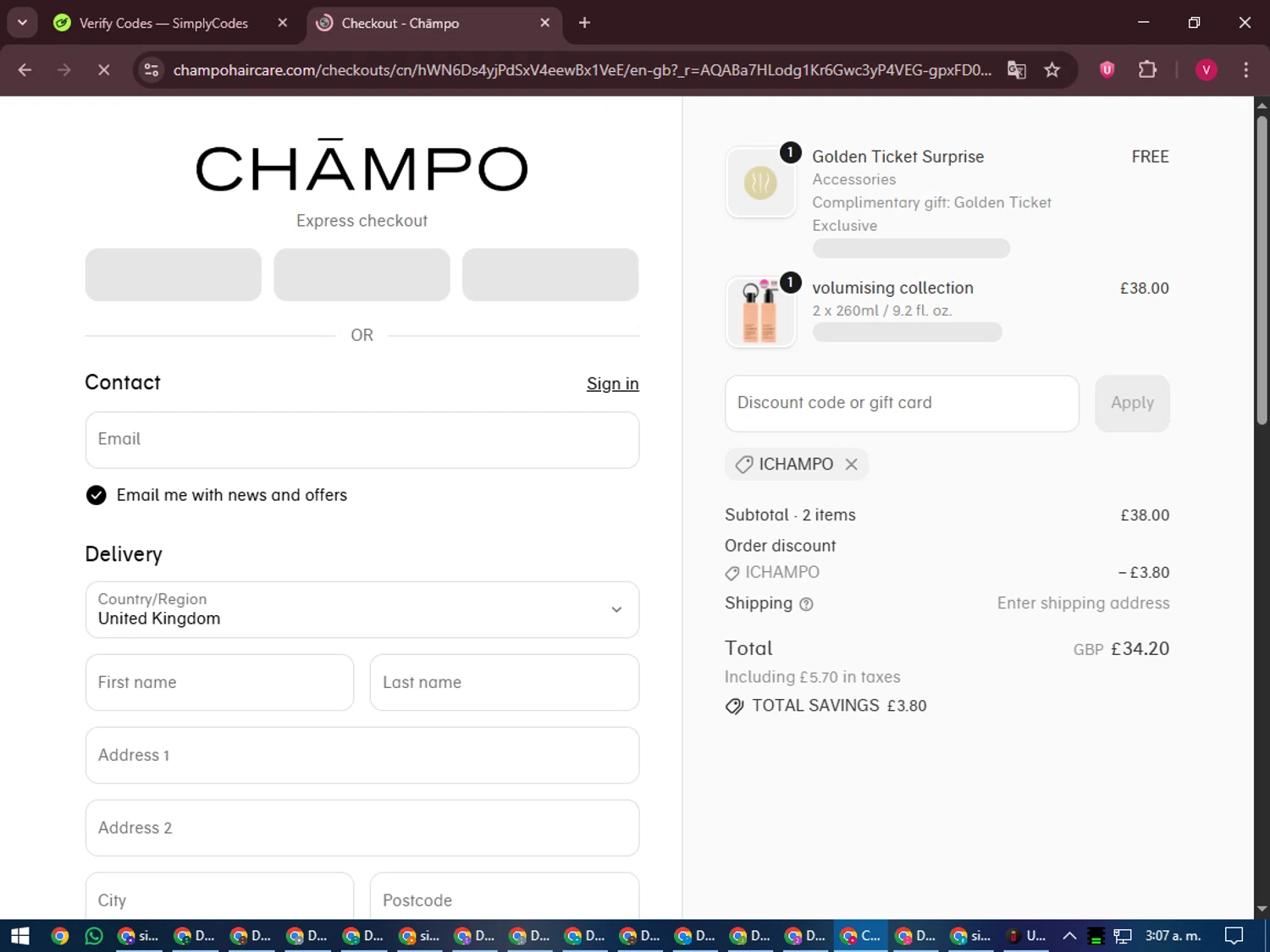Chāmpo promo code screenshot showing code ICHAMPO applied at Chāmpo checkout page. Uploaded by SimplyCodes community member ShieldEagle6102 on Dec 9, 2025