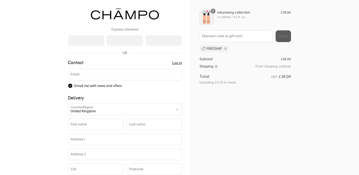 Chāmpo promo code screenshot showing code FREESHIP applied at Chāmpo checkout page. Uploaded by SimplyCodes community member MagnifiHero3476 on Jul 6, 2025