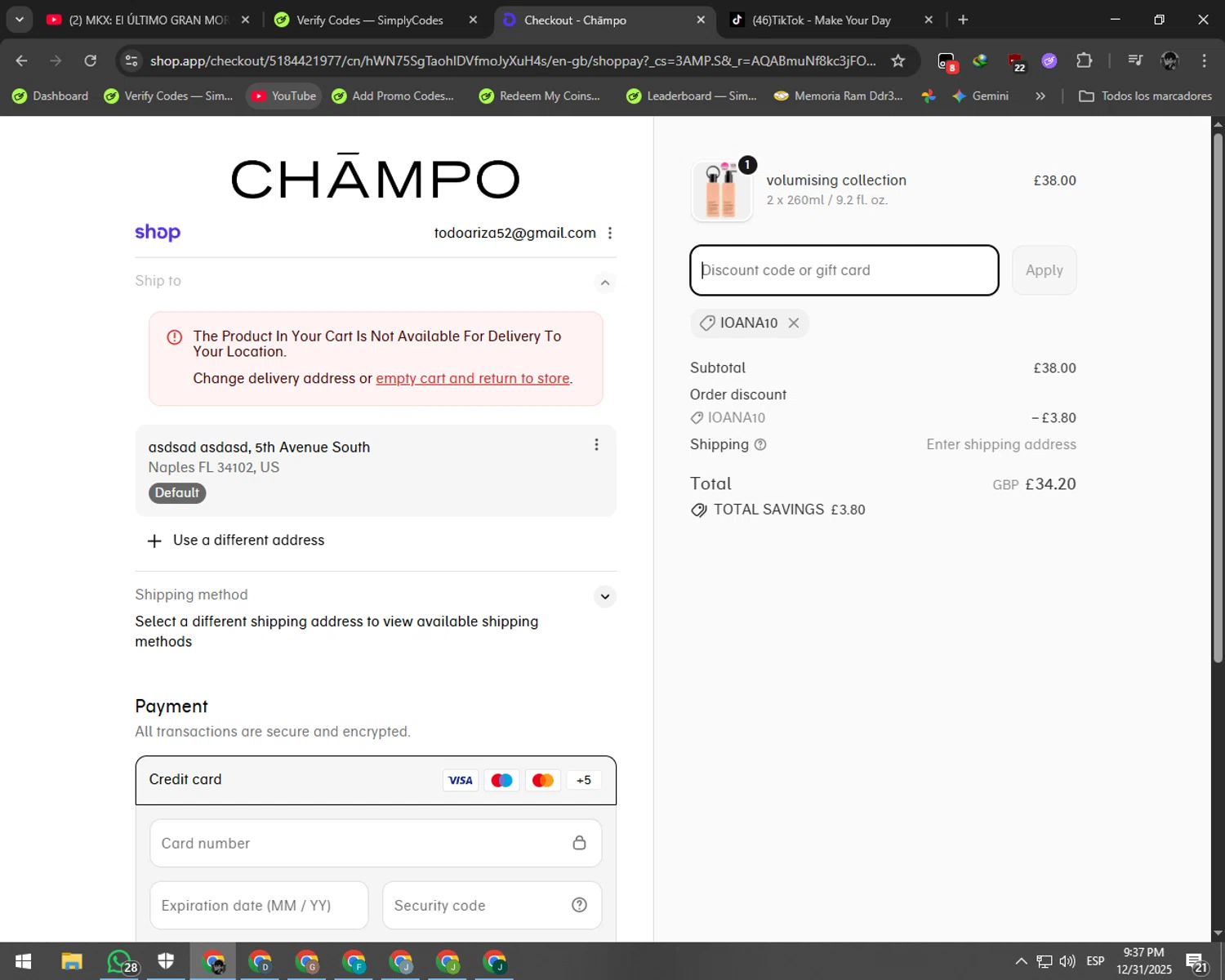 Chāmpo promo code screenshot showing code IOANA10 applied at Chāmpo checkout page. Uploaded by SimplyCodes community member ArizaJesus on Jan 1, 2026