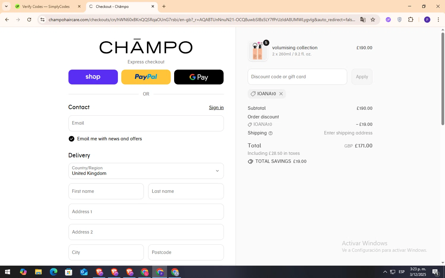 Chāmpo promo code screenshot showing code IOANA10 applied at Chāmpo checkout page. Uploaded by SimplyCodes community member NobleFox9153 on Dec 3, 2025