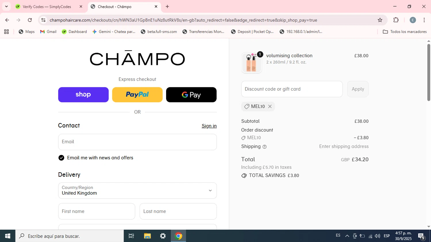 Chāmpo promo code screenshot showing code MEL10 applied at Chāmpo checkout page. Uploaded by SimplyCodes community member Esteban on Sep 30, 2025