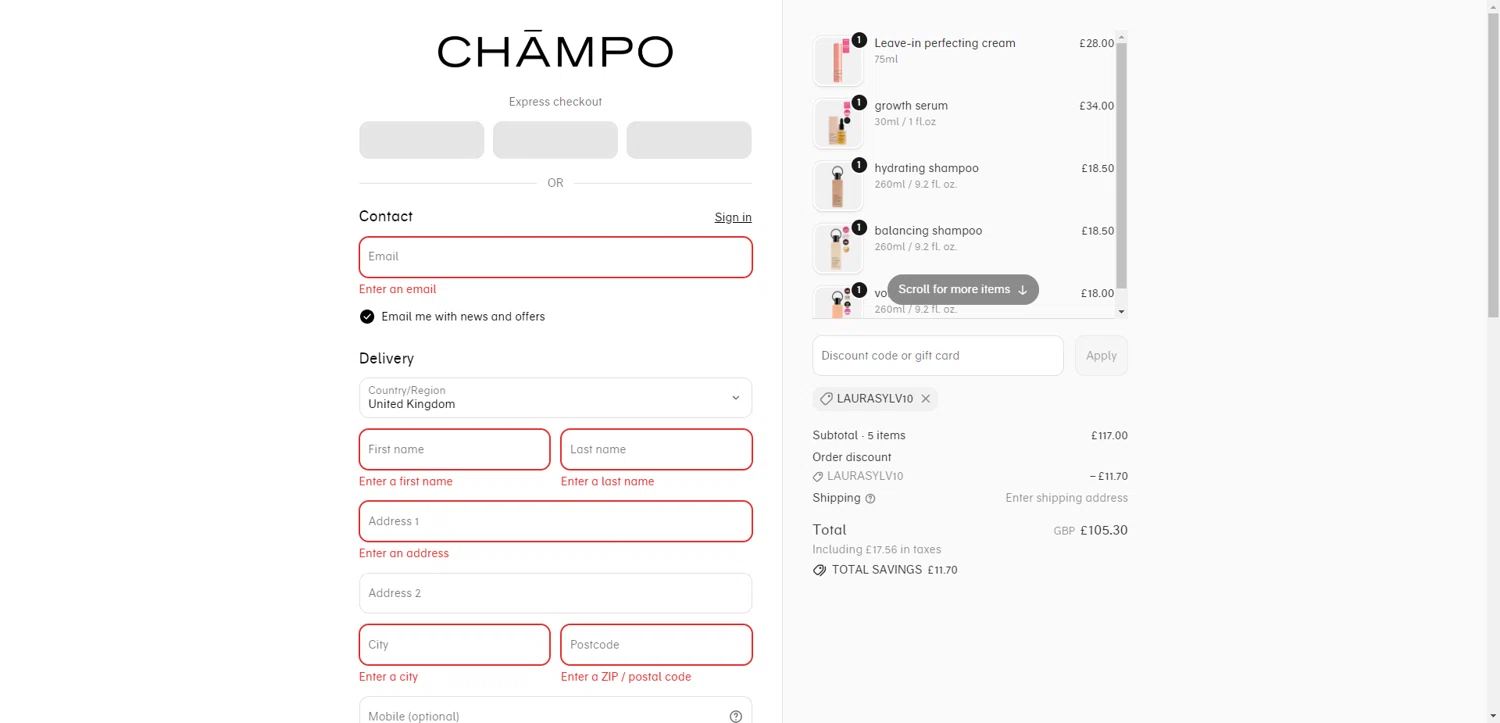 Chāmpo promo code screenshot showing code LAURASYLV10 applied at Chāmpo checkout page. Uploaded by SimplyCodes community member EpicEagle816 on Sep 30, 2025