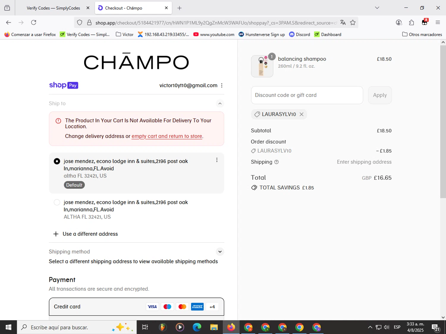 Chāmpo promo code screenshot showing code LAURASYLV10 applied at Chāmpo checkout page. Uploaded by SimplyCodes community member Garou_Y2K on Aug 4, 2025