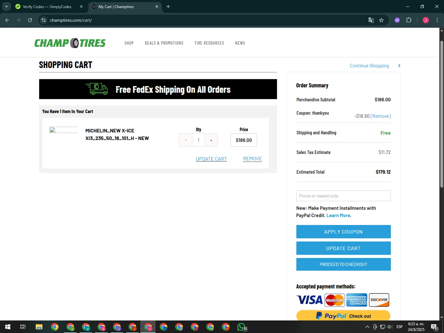 Champtires promo code screenshot showing code thankyou applied at Champtires checkout page. Uploaded by SimplyCodes community member CleverShopper2101 on Aug 24, 2025