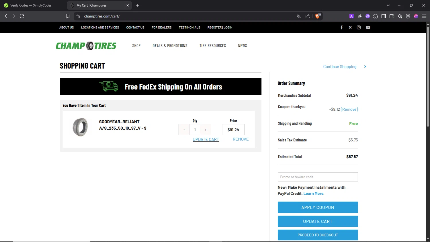 Champtires promo code screenshot showing code thankyou applied at Champtires checkout page. Uploaded by SimplyCodes community member Morrachida04 on Jun 11, 2025