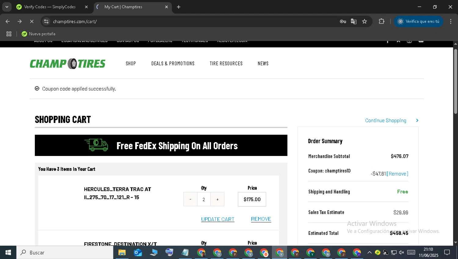 Champtires promo code screenshot showing code champtires10 applied at Champtires checkout page. Uploaded by SimplyCodes community member TreasureGuardian552 on Jun 12, 2025
