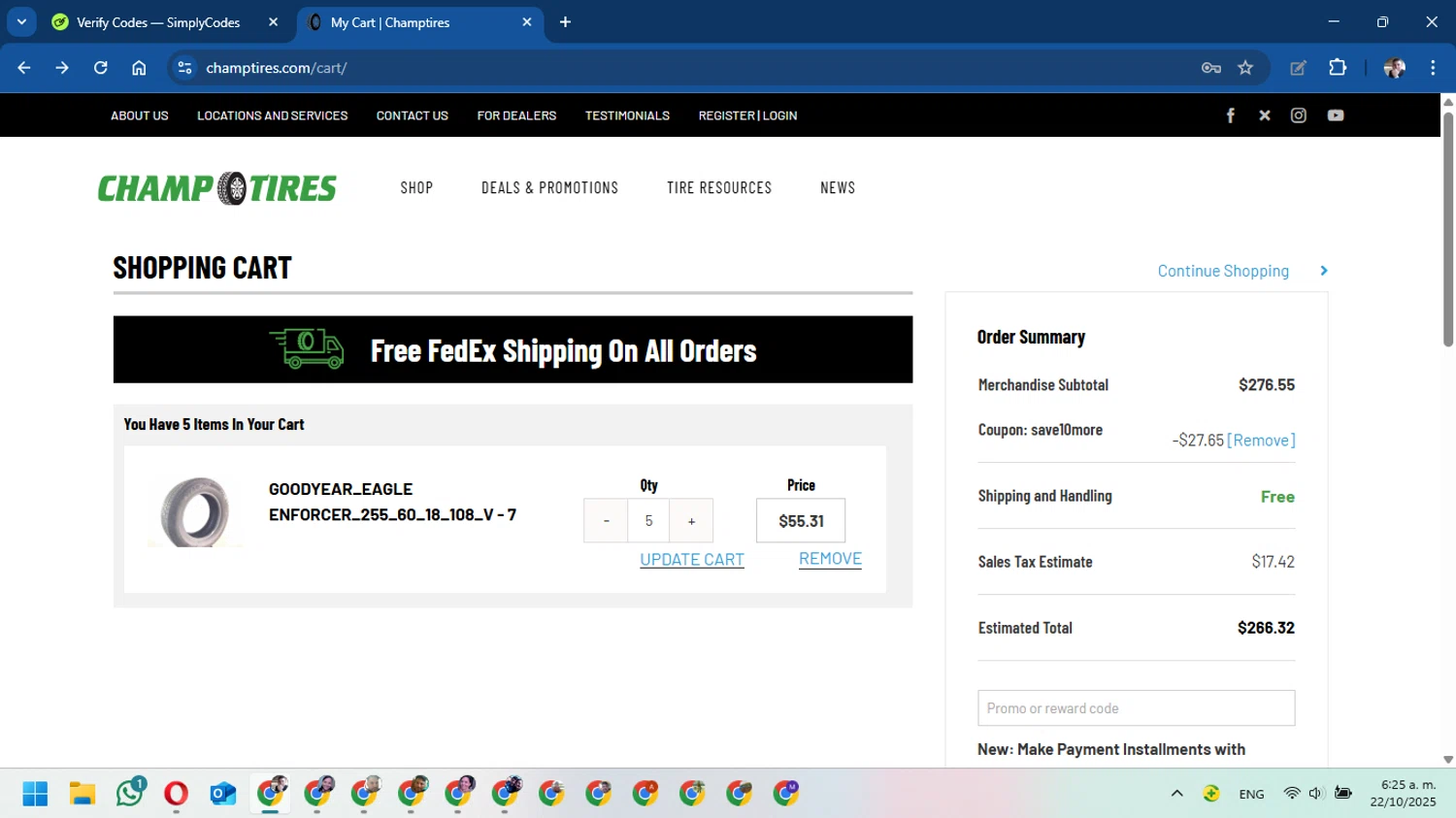 Champtires checkout page showing Champtires promo code box | Screenshot taken by SimplyCodes community member on Oct 22, 2025