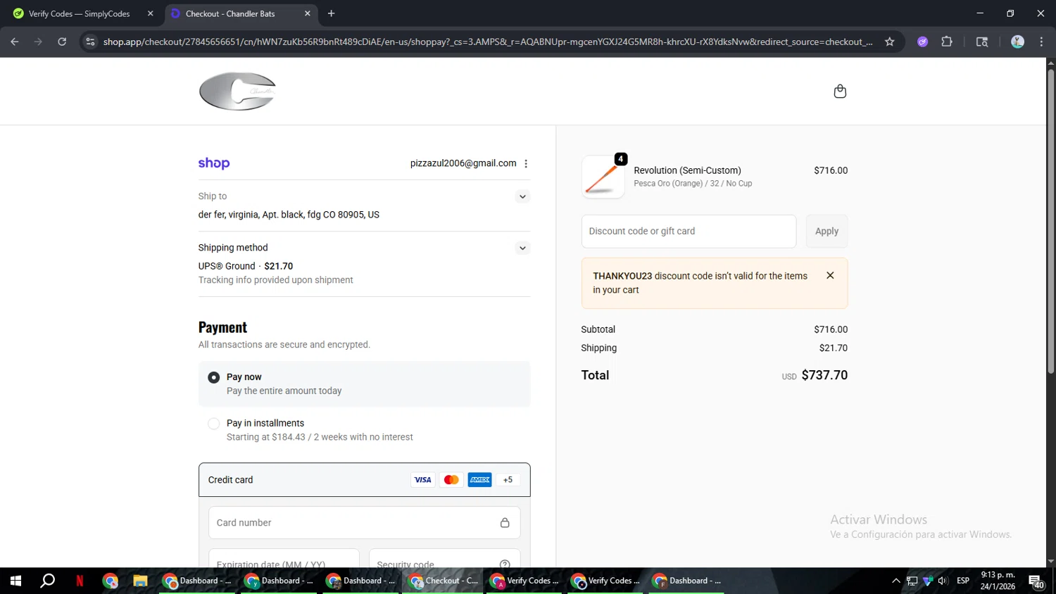 Chandler Bats discount code screenshot showing code THANKYOU23 applied at Chandler Bats checkout page. Uploaded by SimplyCodes community member ShrewdSeeker6165 on Jan 25, 2026