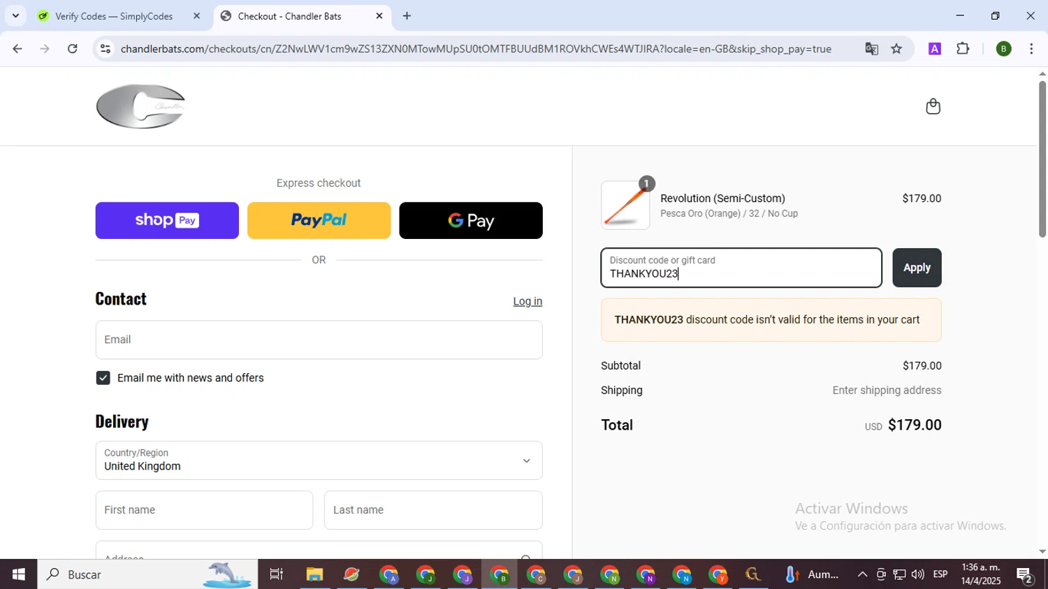 Chandler Bats discount code screenshot showing code THANKYOU23 applied at Chandler Bats checkout page. Uploaded by SimplyCodes community member SaleVirtuoso5993 on Apr 14, 2025