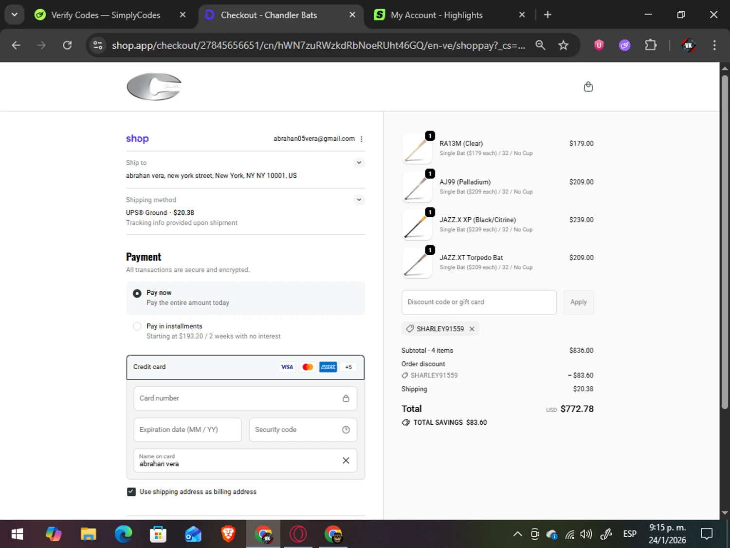 Chandler Bats discount code screenshot showing code SHARLEY91559 applied at Chandler Bats checkout page. Uploaded by SimplyCodes community member TreasureAdmiral6867 on Jan 25, 2026