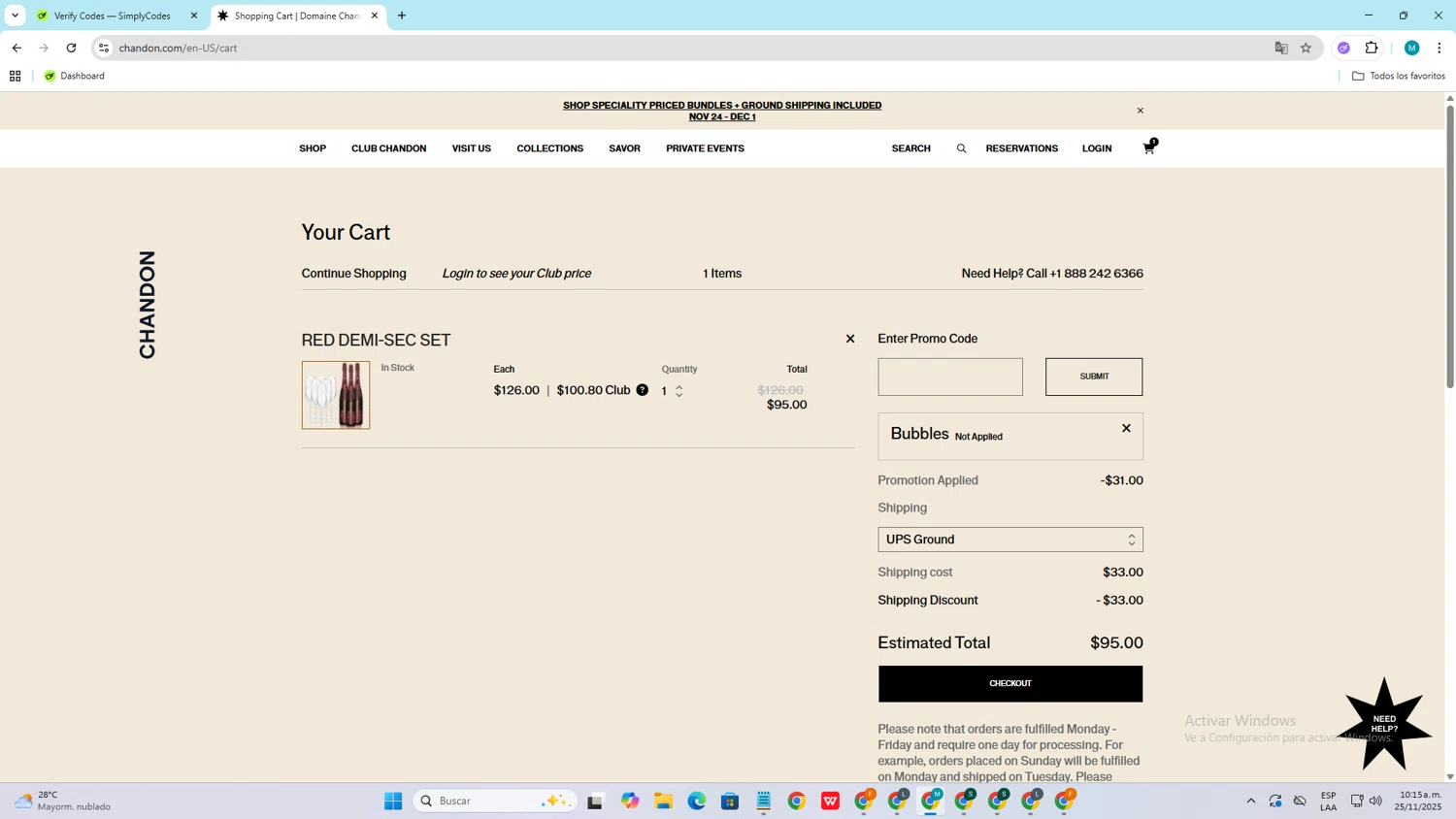 Chandon promo code screenshot showing code BUBBLES applied at Chandon checkout page. Uploaded by SimplyCodes community member ShieldGuardian4930 on Nov 25, 2025