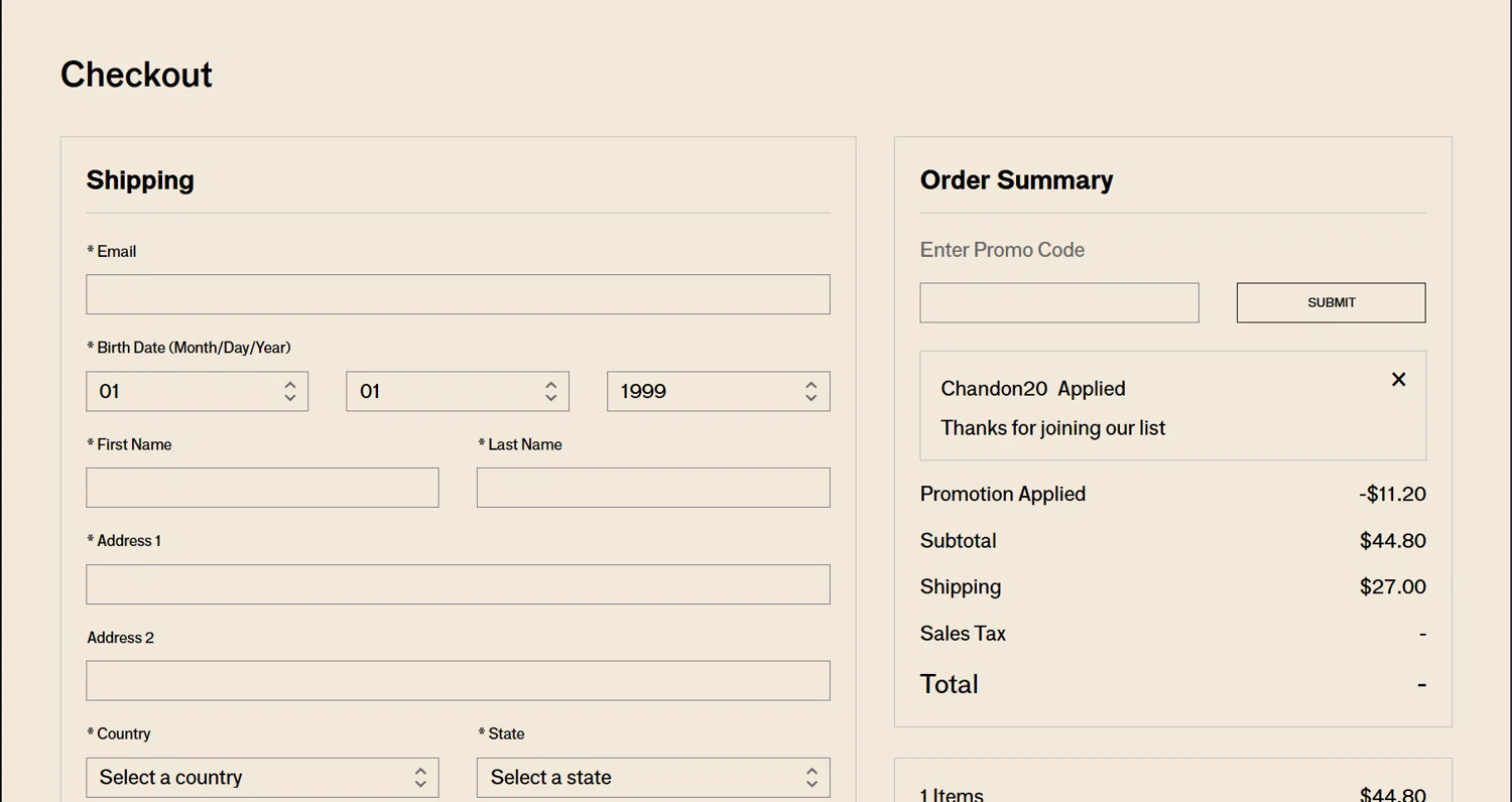 Chandon checkout page showing Chandon promo code box | Screenshot taken by SimplyCodes community member on Jun 11, 2025
