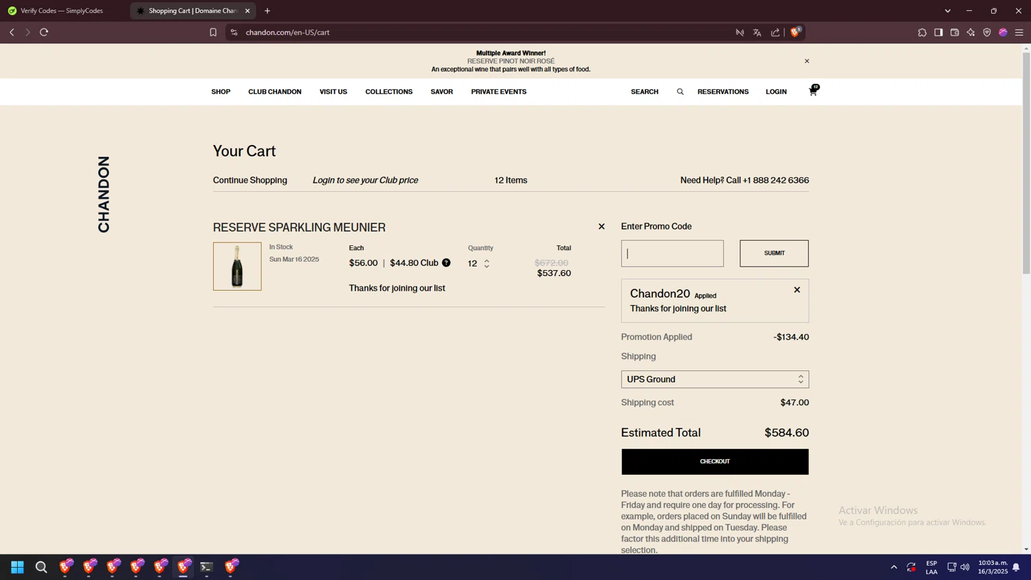 Chandon checkout page showing Chandon promo code box | Screenshot taken by SimplyCodes community member on Mar 16, 2025