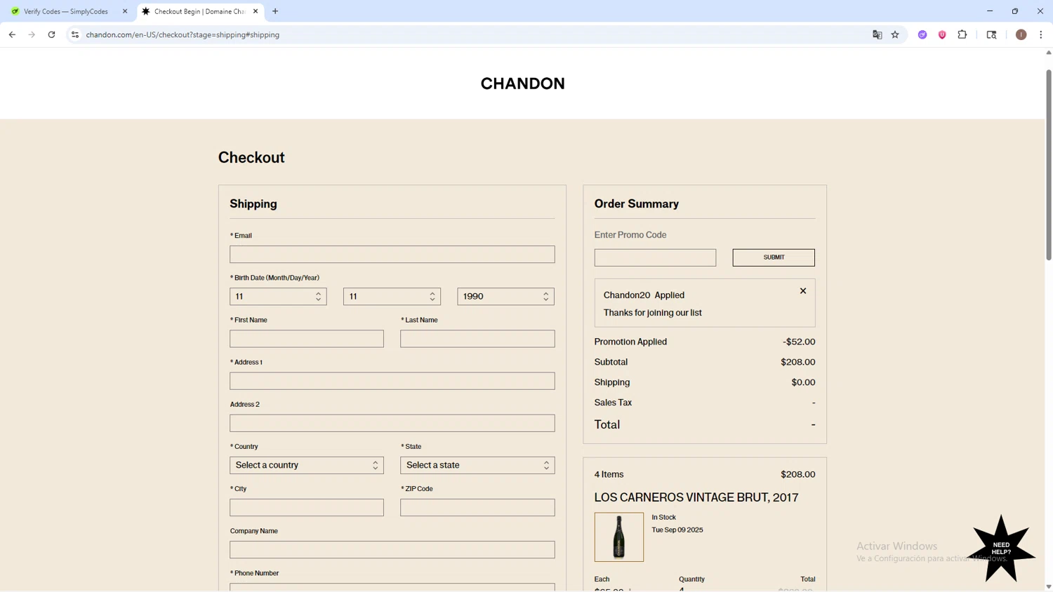 Chandon promo code screenshot showing code CHANDON20 applied at Chandon checkout page. Uploaded by SimplyCodes community member pequenokalvin5 on Sep 10, 2025