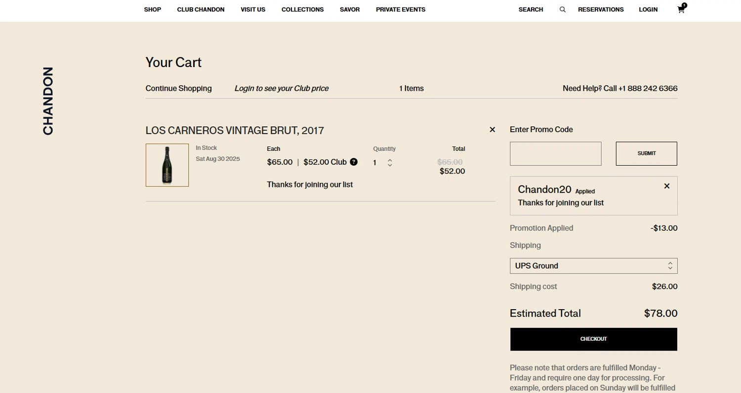 Chandon checkout page showing Chandon promo code box | Screenshot taken by SimplyCodes community member on Aug 31, 2025