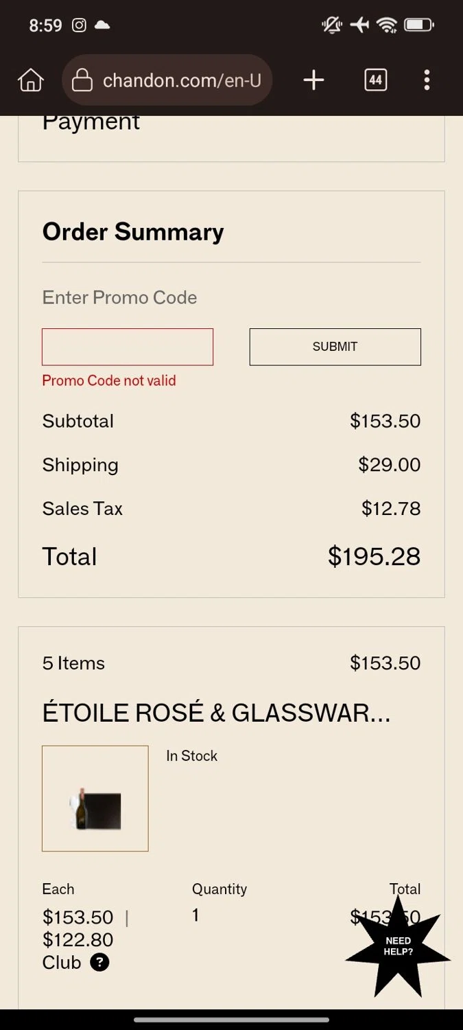 Chandon promo code screenshot showing code HOLIDAYJOY24 applied at Chandon checkout page. Uploaded by SimplyCodes community member Juan_collug on Dec 28, 2024