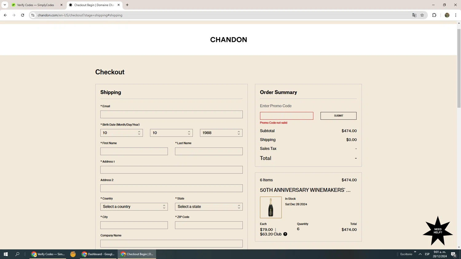 Chandon promo code screenshot showing code HOLIDAYJOY24 applied at Chandon checkout page. Uploaded by SimplyCodes community member Phoenix585 on Dec 28, 2024
