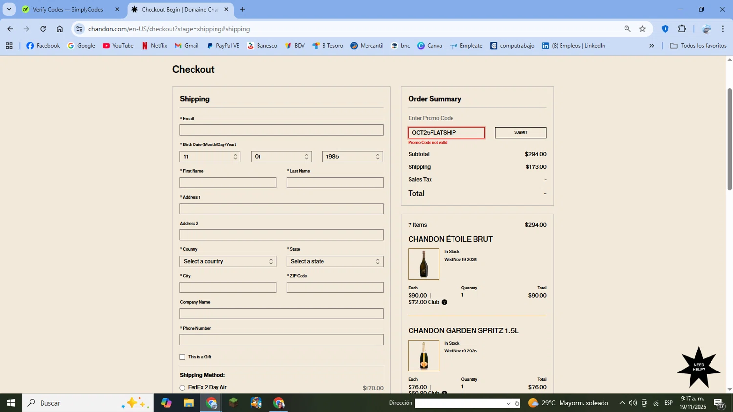Chandon promo code screenshot showing code OCT25FLATSHIP applied at Chandon checkout page. Uploaded by SimplyCodes community member SilverSpotter4629 on Nov 19, 2025