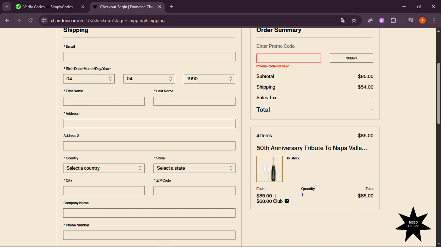 Chandon promo code screenshot showing code OCT25FLATSHIP applied at Chandon checkout page. Uploaded by SimplyCodes community member jdecxxx on Nov 19, 2025