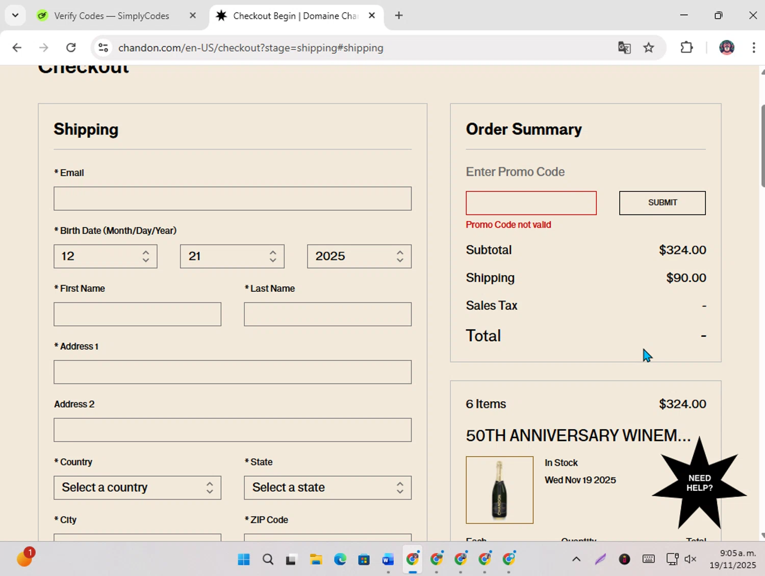 Chandon promo code screenshot showing code OCT25FLATSHIP applied at Chandon checkout page. Uploaded by SimplyCodes community member karoline on Nov 19, 2025