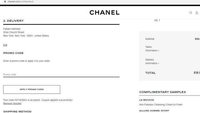 Chanel checkout page showing Chanel promo code box | Screenshot taken by SimplyCodes community member on Dec 30, 2020