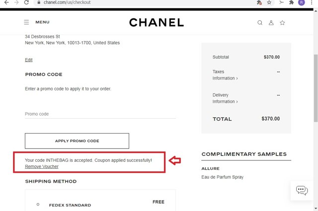 Chanel checkout page showing Chanel promo code box | Screenshot taken by SimplyCodes community member on Nov 30, 2020