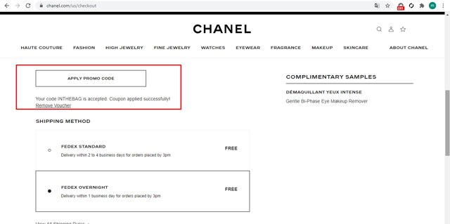 Chanel checkout page showing Chanel promo code box | Screenshot taken by SimplyCodes community member on Feb 14, 2021