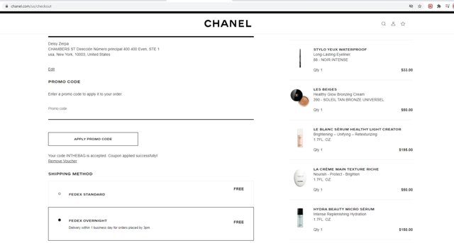 Chanel checkout page showing Chanel promo code box | Screenshot taken by SimplyCodes community member on Mar 13, 2021