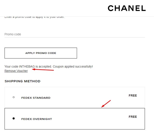Chanel checkout page showing Chanel promo code box | Screenshot taken by SimplyCodes community member on Oct 17, 2020