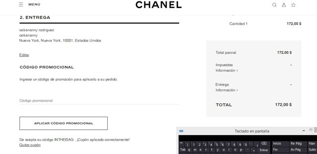 Chanel checkout page showing Chanel promo code box | Screenshot taken by SimplyCodes community member on Oct 17, 2020