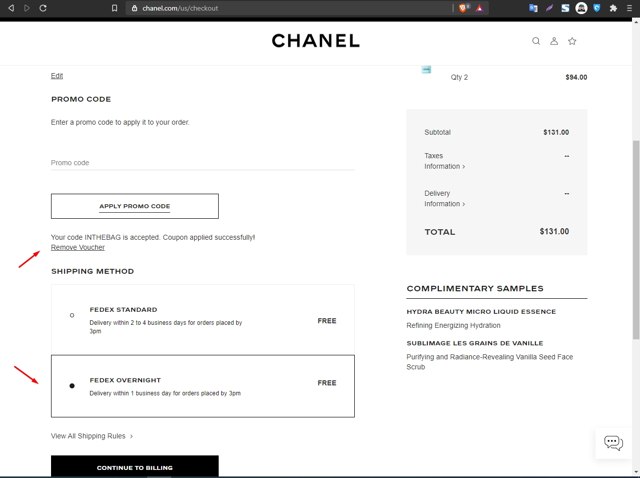 Chanel checkout page showing Chanel promo code box | Screenshot taken by SimplyCodes community member on Mar 13, 2021