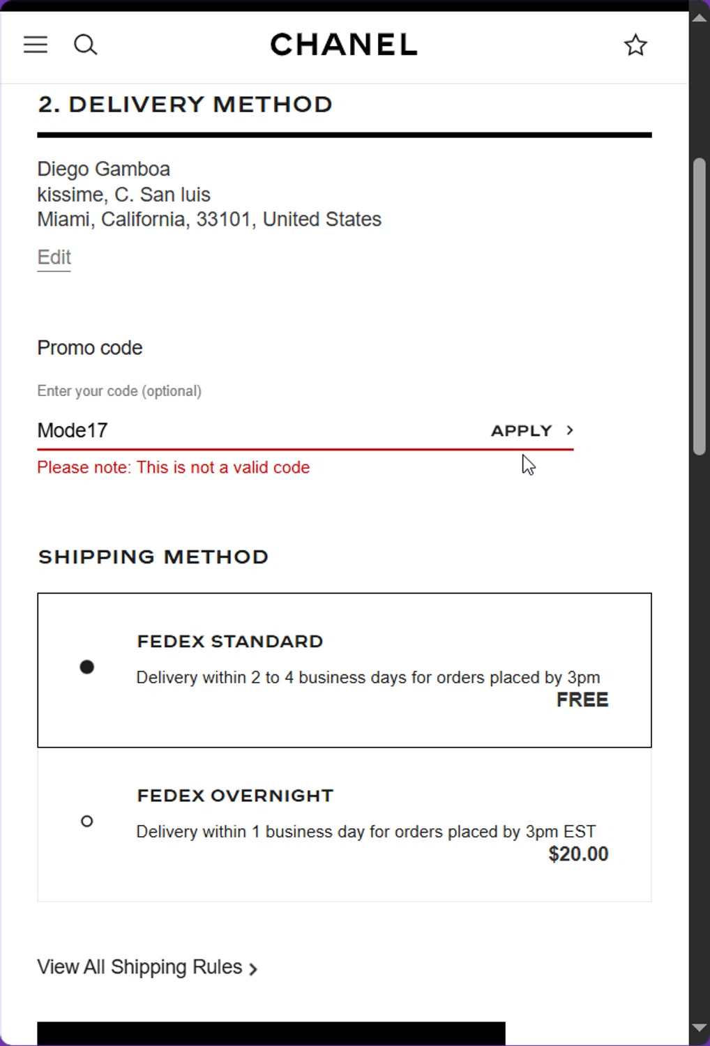 Chanel promo code screenshot showing code Mode17 applied at Chanel checkout page. Uploaded by SimplyCodes community member Lamine_Yamal on Apr 9, 2025