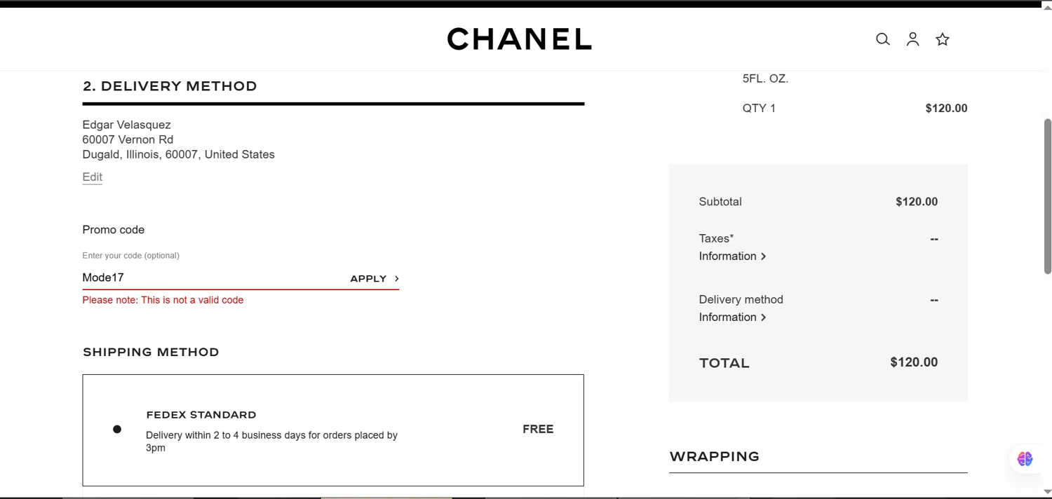 Chanel promo code screenshot showing code Mode17 applied at Chanel checkout page. Uploaded by SimplyCodes community member TALLER1 on Apr 9, 2025